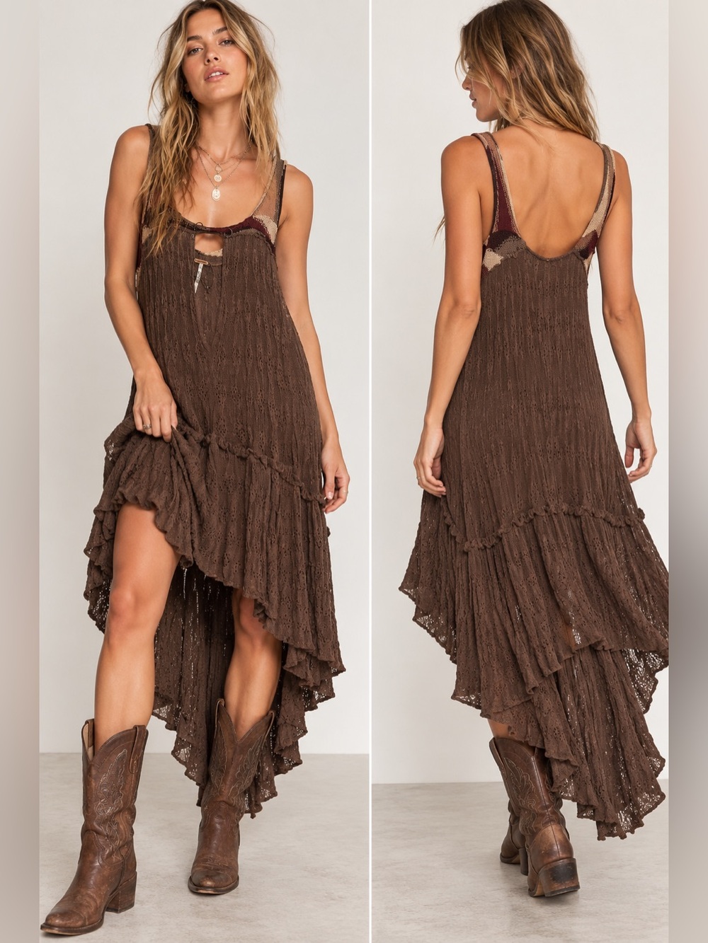 Free People Asymmetrical High Low Crinkle Gauze Boho Slip Dress Brown XS NWOT